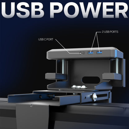 Large Clamp-on Desk and Wall PC Mount with USB ports and power connection labeled, featuring 'USB Power' text.