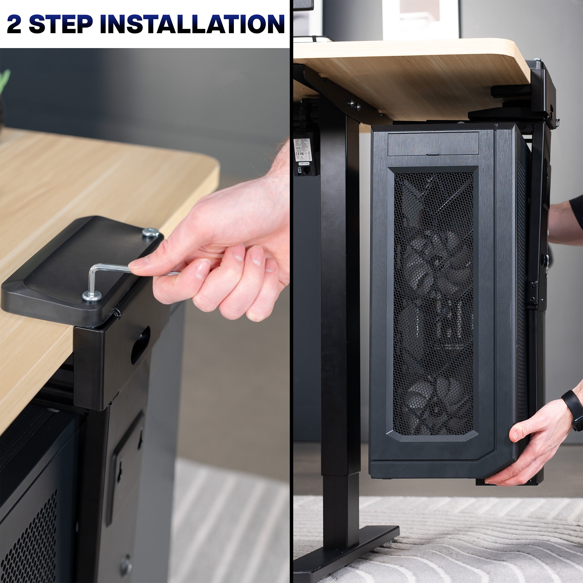 Two-step installation process of a computer PC mount show simplicity of setup.