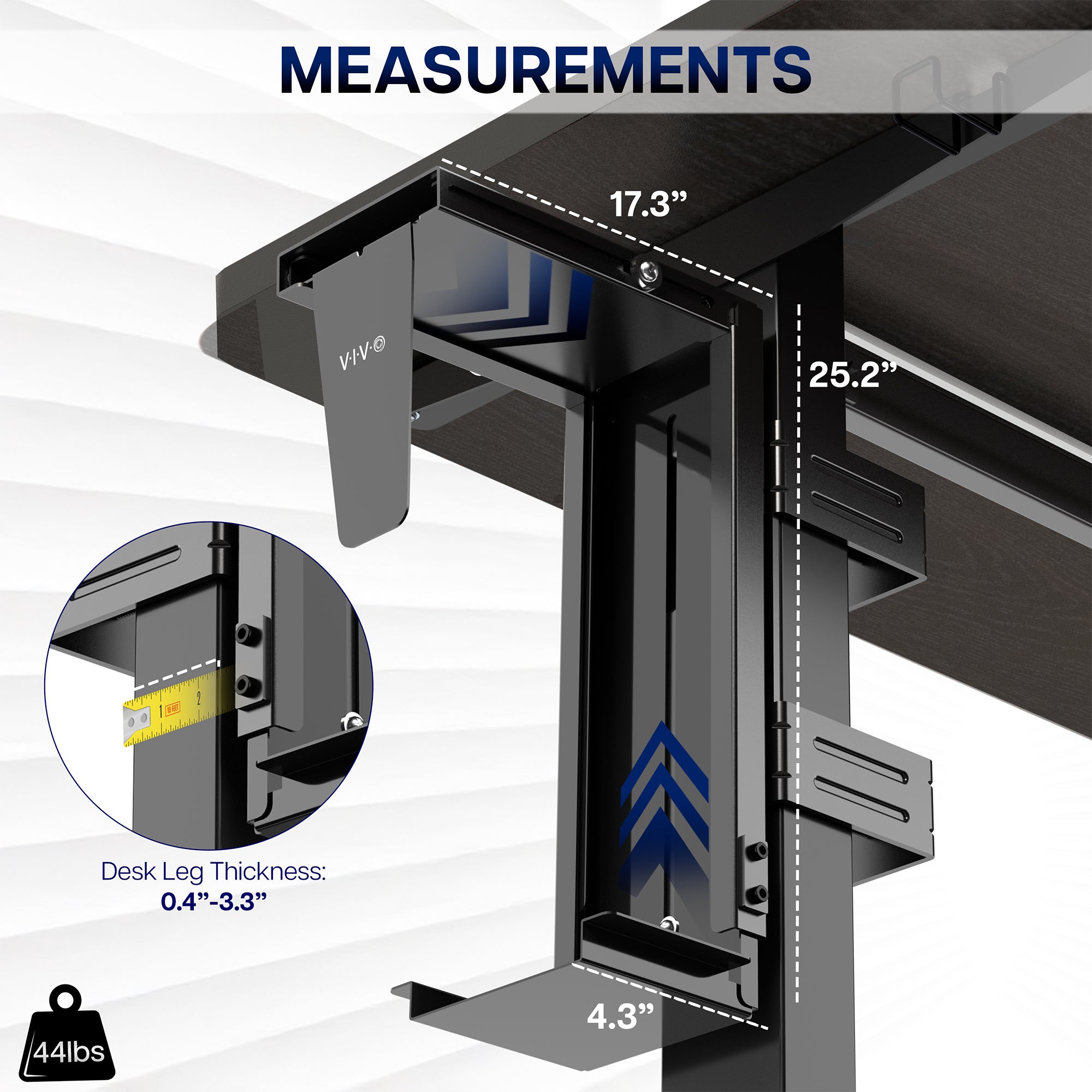 Measurement details of an under desk large PC mount with dimensions and thickness shown.