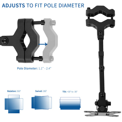 Pole Mount VESA Monitor Arm - 17" to 32" Screens shown on a white background with feature callouts. The image includes a close-up of the black clamp mechanism with a lighter gray insert, a full-length view of the black pole mount with metal base plate, and blue diagram labels explaining pole diameter range 1.