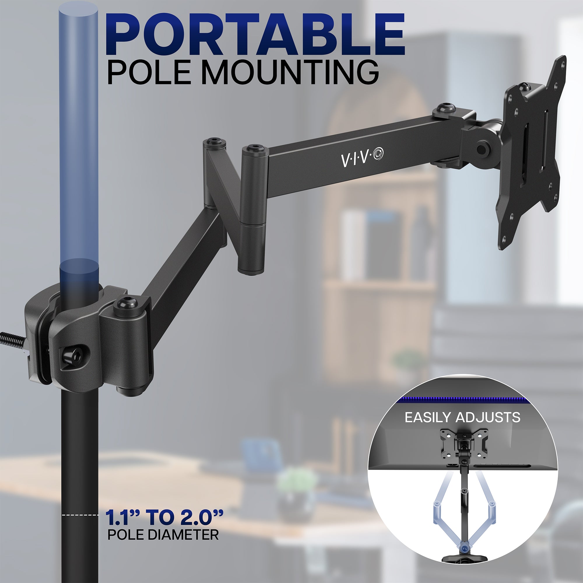 Portable long arm monitor mount attached to a vertical pole for flexible screen positioning