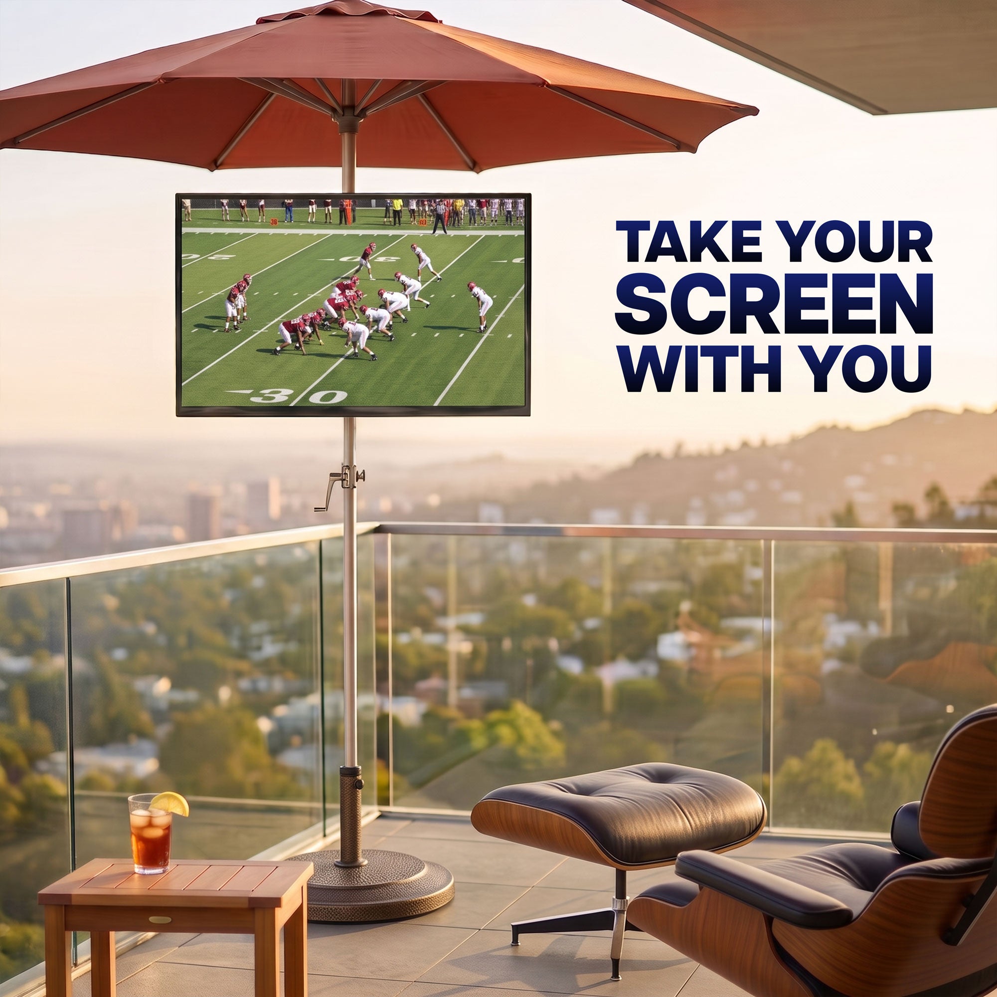 Long arm monitor pole mount supporting a screen outdoors for flexible viewing on patios and covered spaces