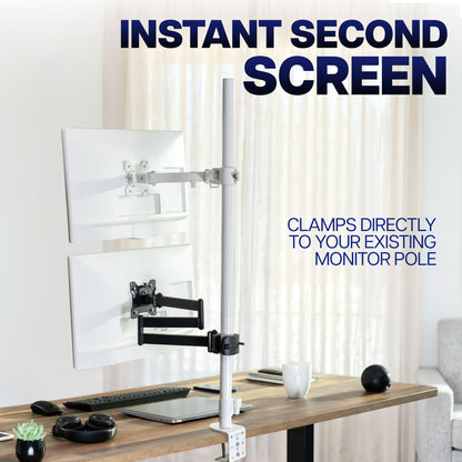 Long arm VESA pole mount adding a second monitor to a workstation without taking up desk space