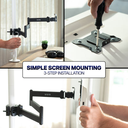 Long arm VESA monitor mount with pole clamp for secure attachment and adjustable screen placement