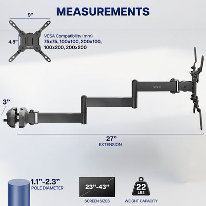 Long Arm VESA Monitor Pole Mount - 23" to 43" Screens