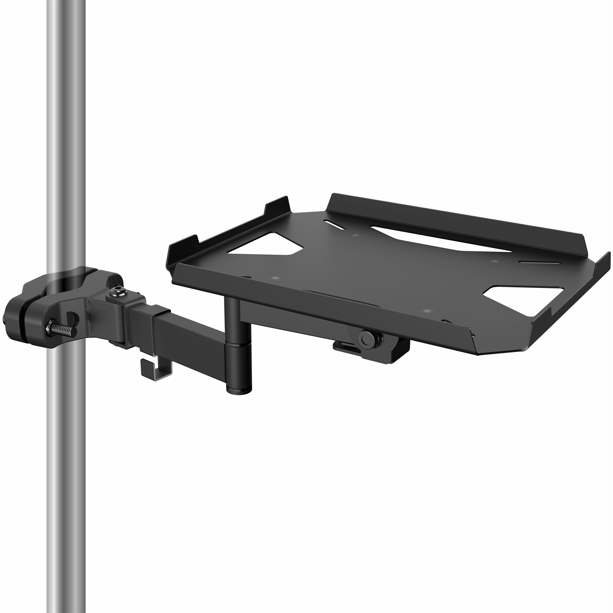A black pole mount shelf with an articulating arm designed to attach to a pole.