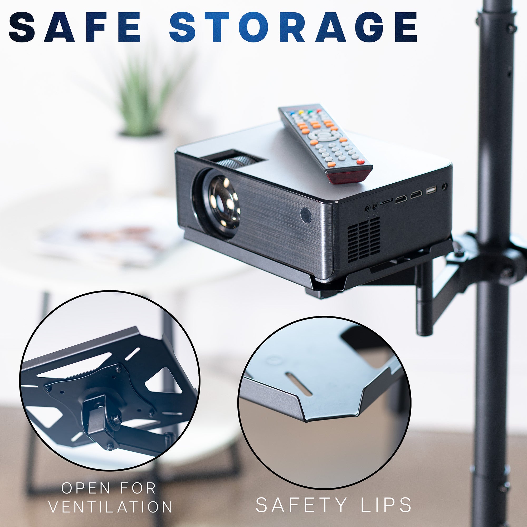 A black pole mount shelf with an articulating arm designed to attach to a pole in a blurred office setting emphasizing safe storage.