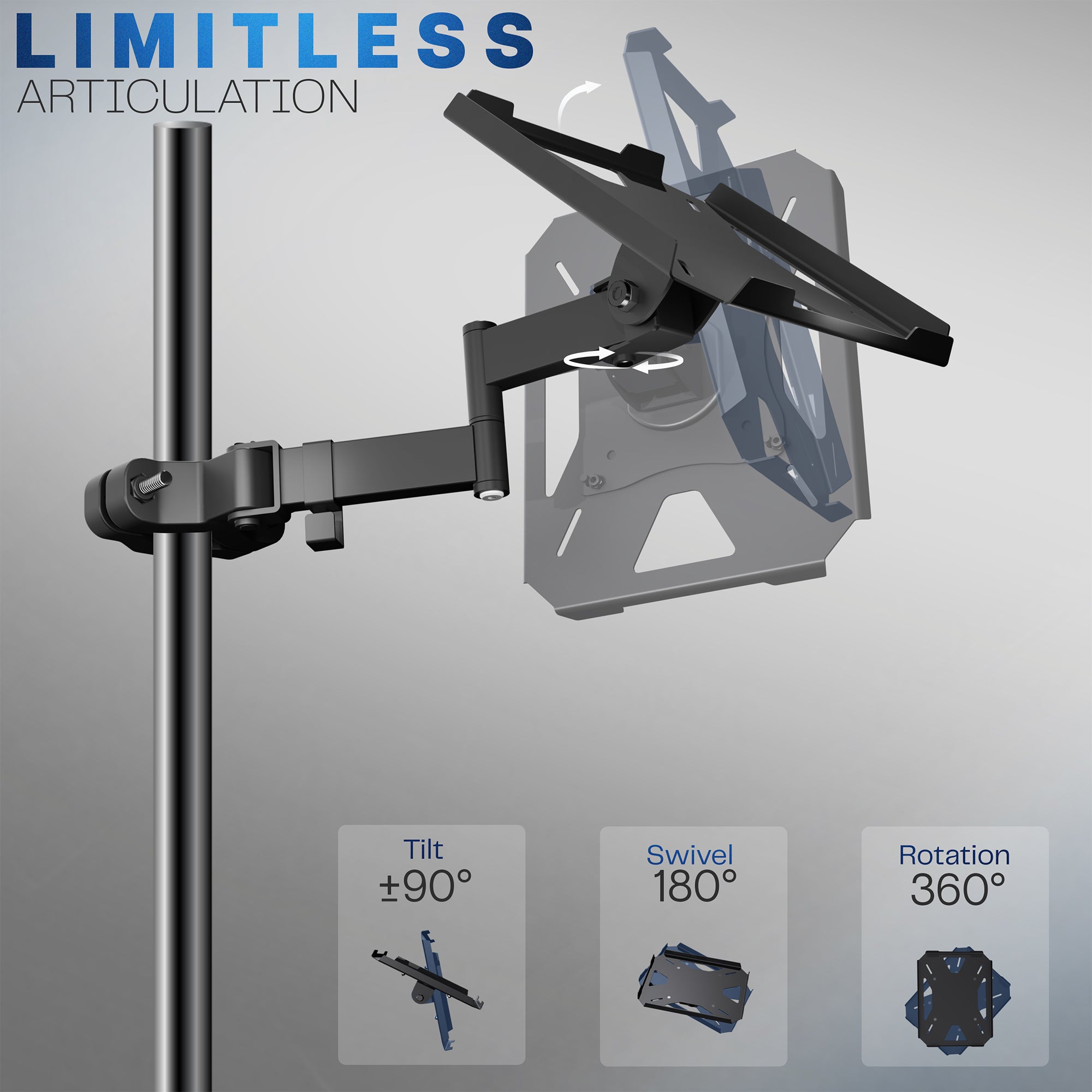 A black pole mount shelf with an articulating arm designed to attach to a pole.