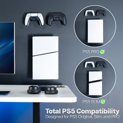 A white PlayStation 5 console shown mounted on a dark gray wall above a white desk, with two circular callouts on the right comparing the slim profile to PS5 Pro and PS5 Slim. Two game controllers and a monitor are also visible in the setup.