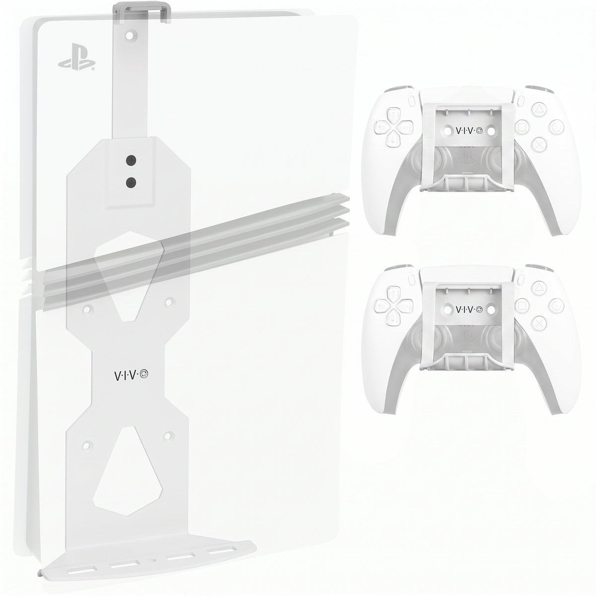 White PlayStation 5 console with a clear wall-mount stand and two white wireless controllers on a clean white background. The controllers show the 'viv' brand logo.