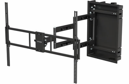 A black large TV wall mount with an adjustable arm and mounting hardware.