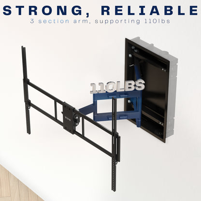 A black large TV wall mount with text showing weight capacity. 