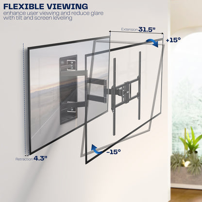 A black large TV wall mount with flexible viewing capabilities. 