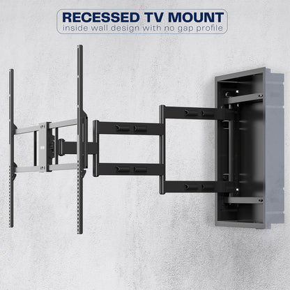 A black large TV wall mount with an adjustable arm and mounting hardware.
