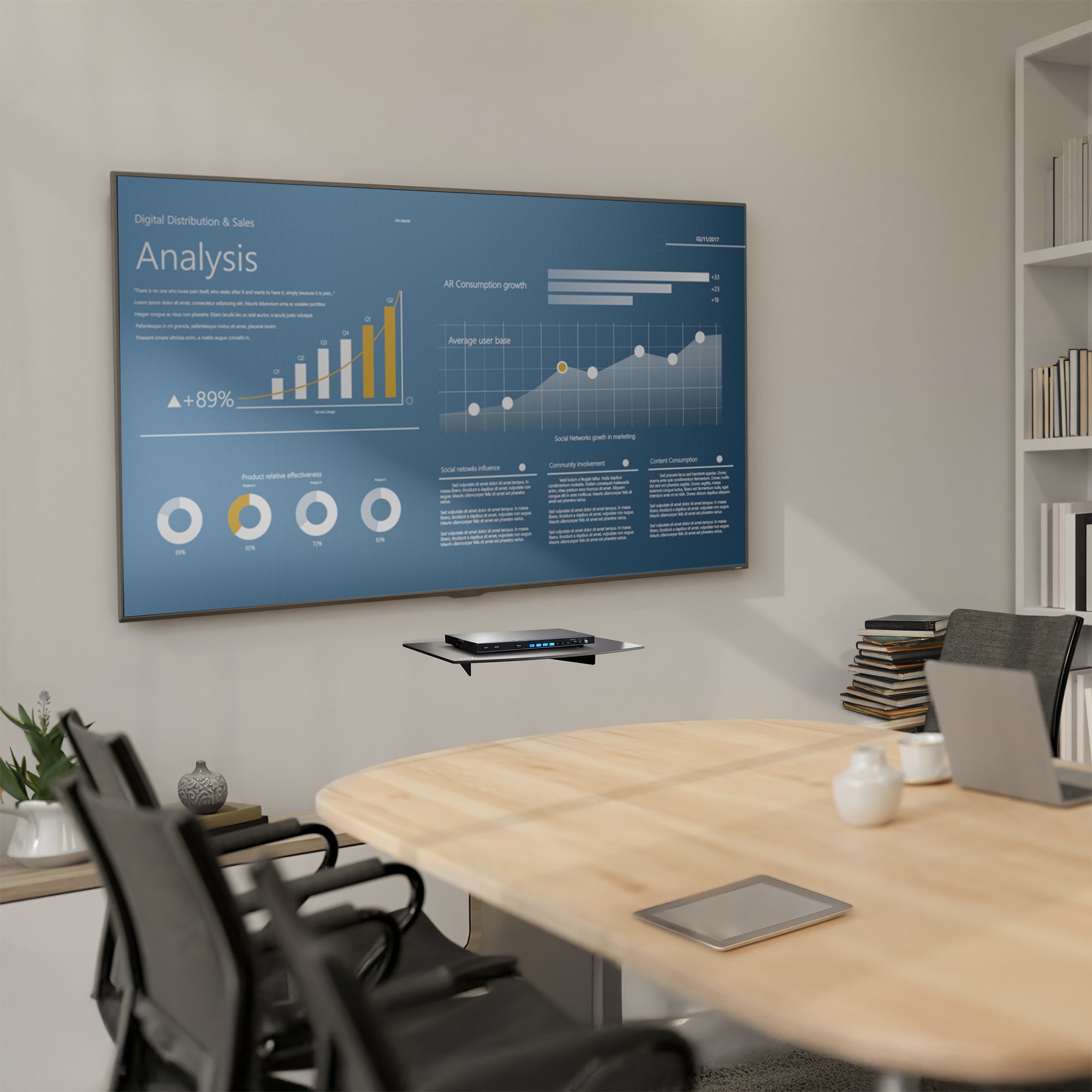 Modern look tempered glass floating shelf with sturdy steel frame seen in a conference room.