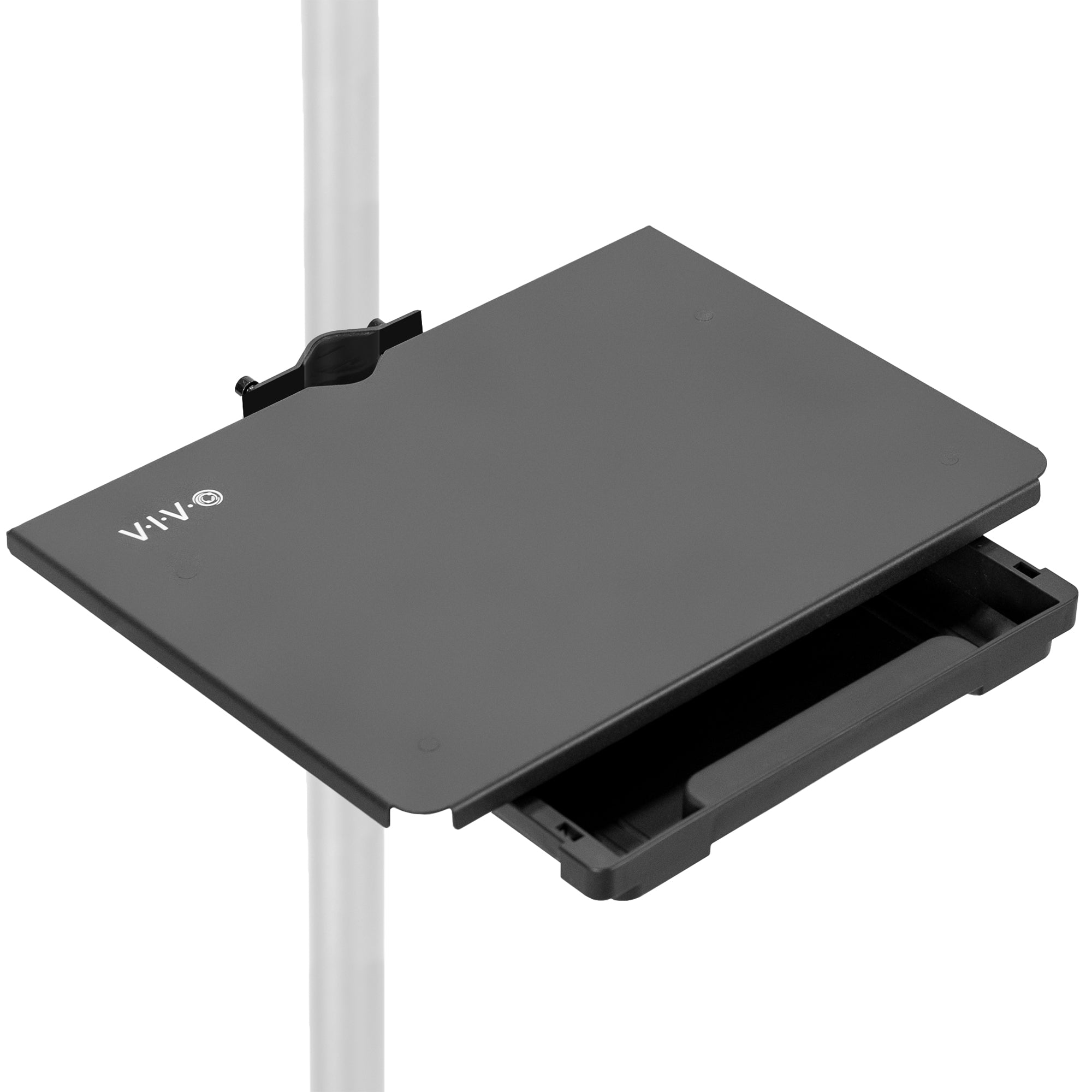 Clamp-on 14" shelf mount for pole with drawer for extra storage and space saving.