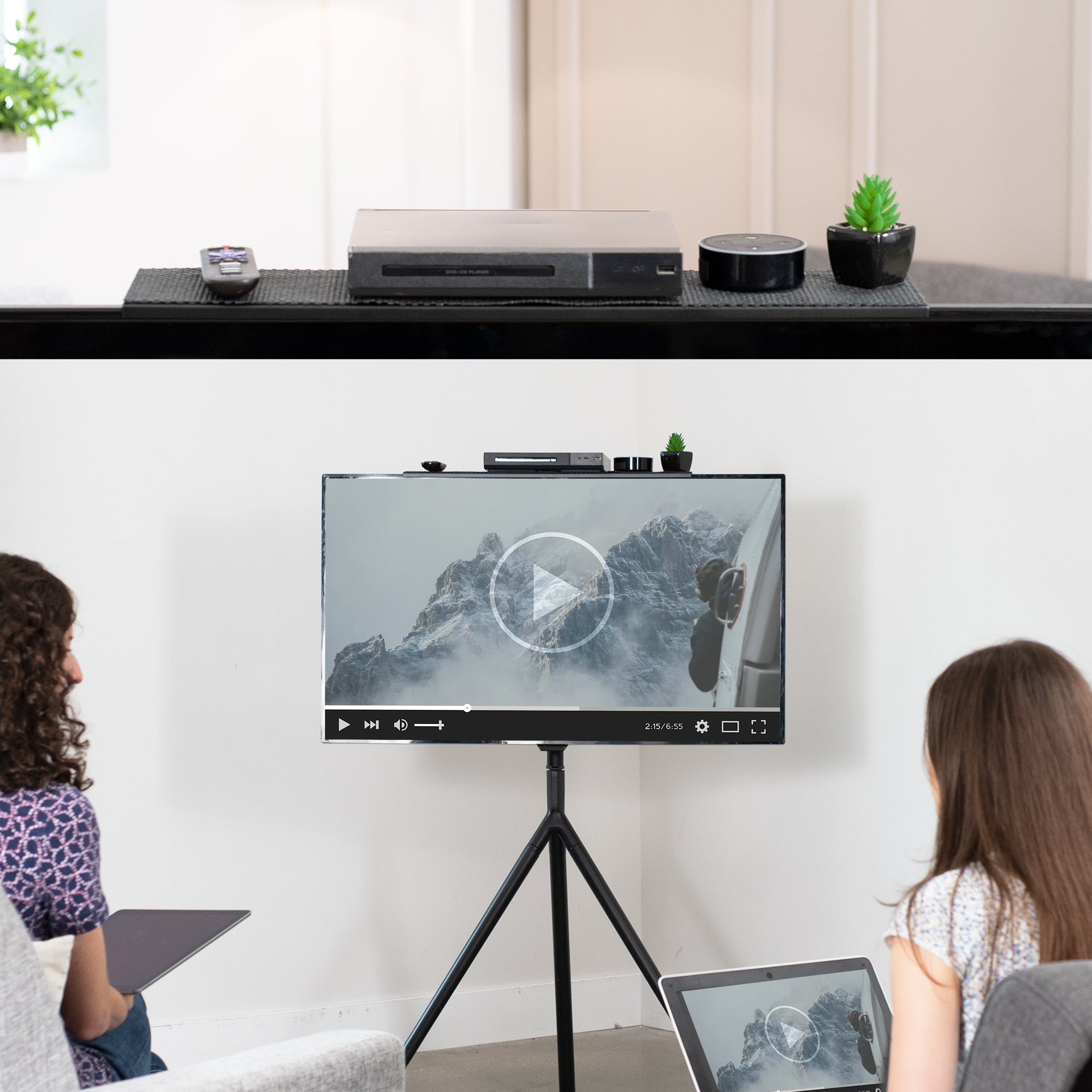 Sturdy top shelf TV mount for convenient storage space.