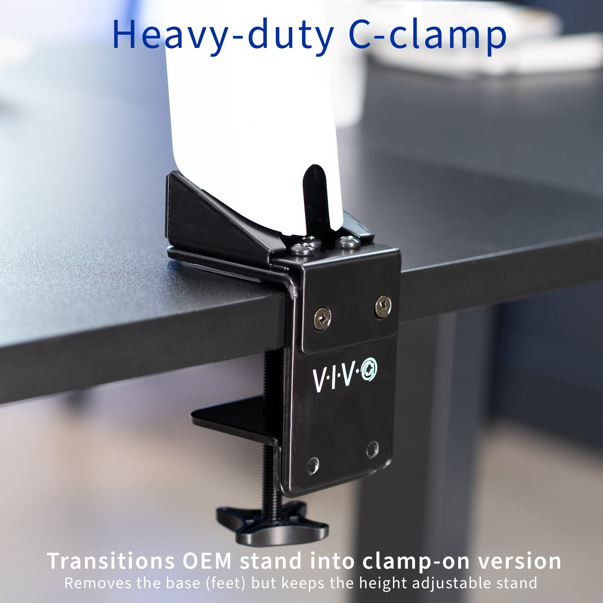 Space-saving desk clamp to mount Samsung monitor while maintaining height adjustment and articulation capabilities.