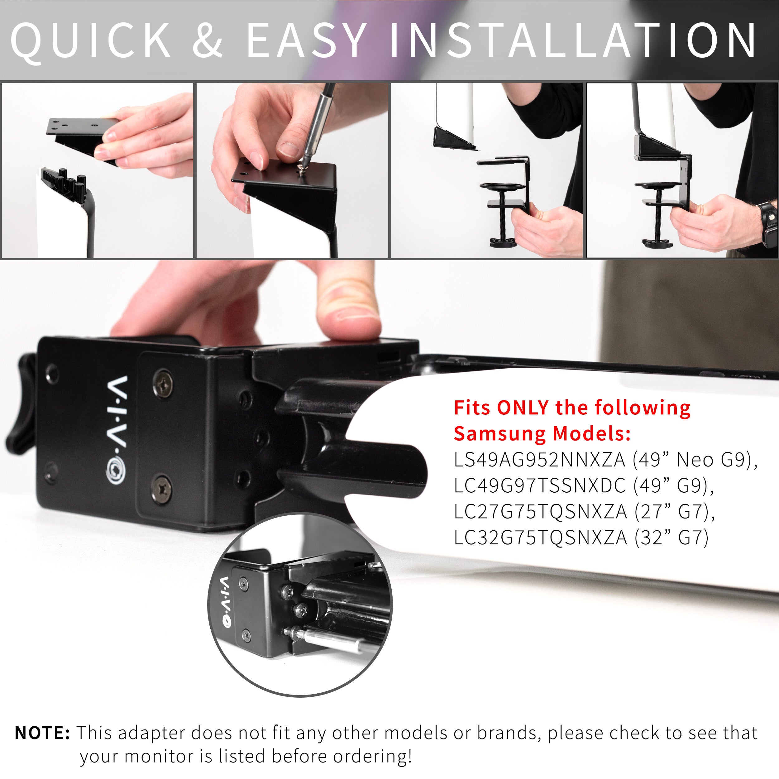 Space-saving desk clamp to mount Samsung monitor while maintaining height adjustment and articulation capabilities.