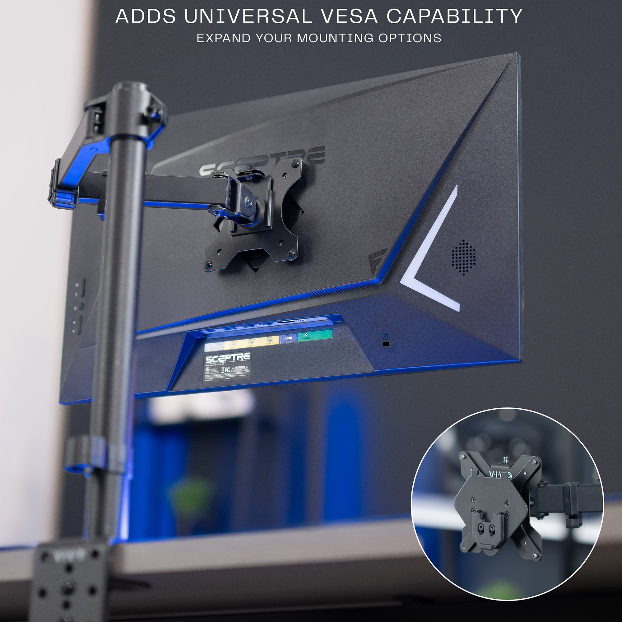 A black VESA adapter designed for compatible Sceptre monitors.