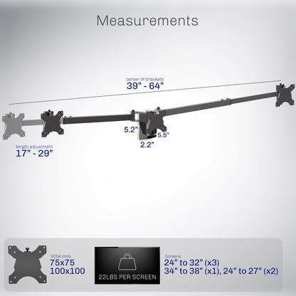 A black telescoping triple monitor wall mount with adjustable arms and measurement text. 