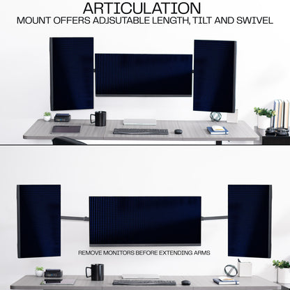 A black telescoping triple monitor wall mount with articulating arms for a customized office experience. 