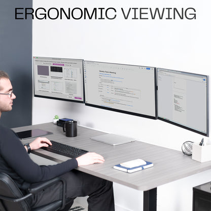 A black telescoping triple monitor wall mount with adjustable arms for mounting multiple screens.