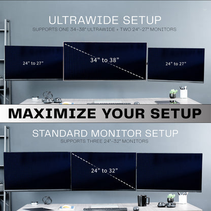 A black telescoping triple monitor wall mount with adjustable arms for mounting multiple screens.