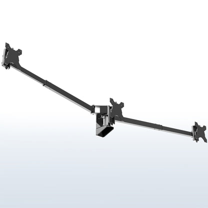 A black telescoping triple monitor wall mount with adjustable arms for mounting multiple screens.