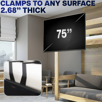 Large flat-screen TV mounted on a wall with a clamp, in a living room setting.
