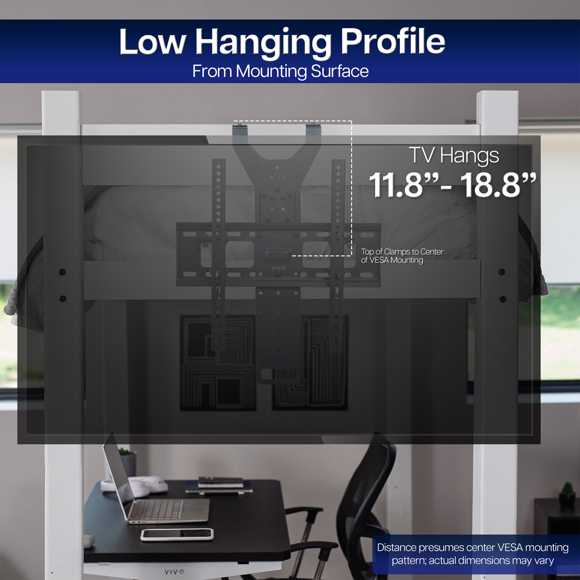 TV mounted on a wall with text indicating low hanging profile from mounting surface.