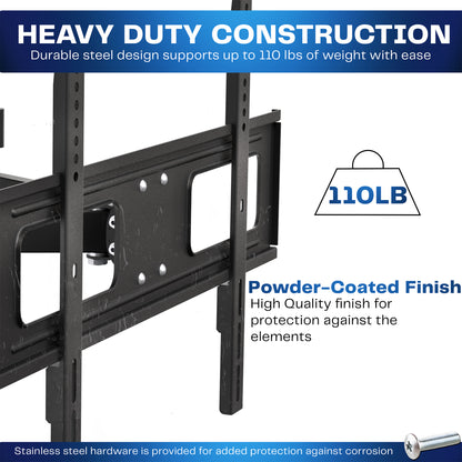 Black full motion TV wall mount with adjustable arms for mounting televisions to the wall.