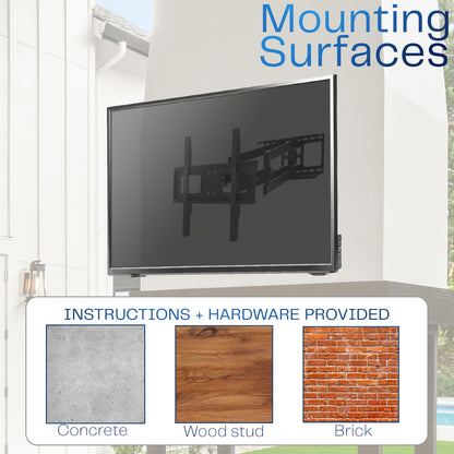 Black full motion TV wall mount with different mounting surface options. 