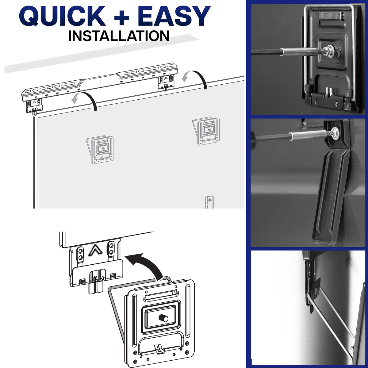 Micro gap ultra low profile slim TV wall mount with adjustable VESA brackets, easy cable access, protective padding, and a simple installation process.