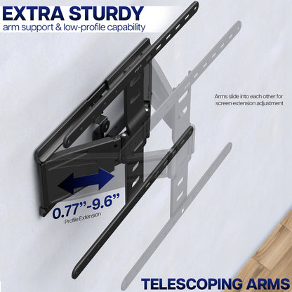 Telescoping TV wall mount with text on screen extension and low profile capability.
