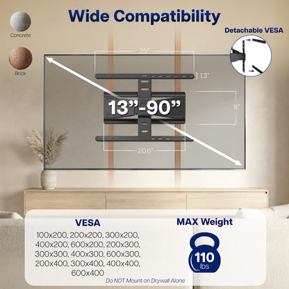 Low Profile Telescoping TV Wall Mount - Up to 90" Screens