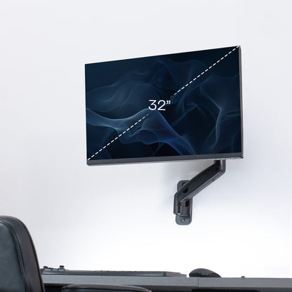 Sturdy adjustable pneumatic arm single monitor ergonomic wall mount that holds screens up to 32" in size.