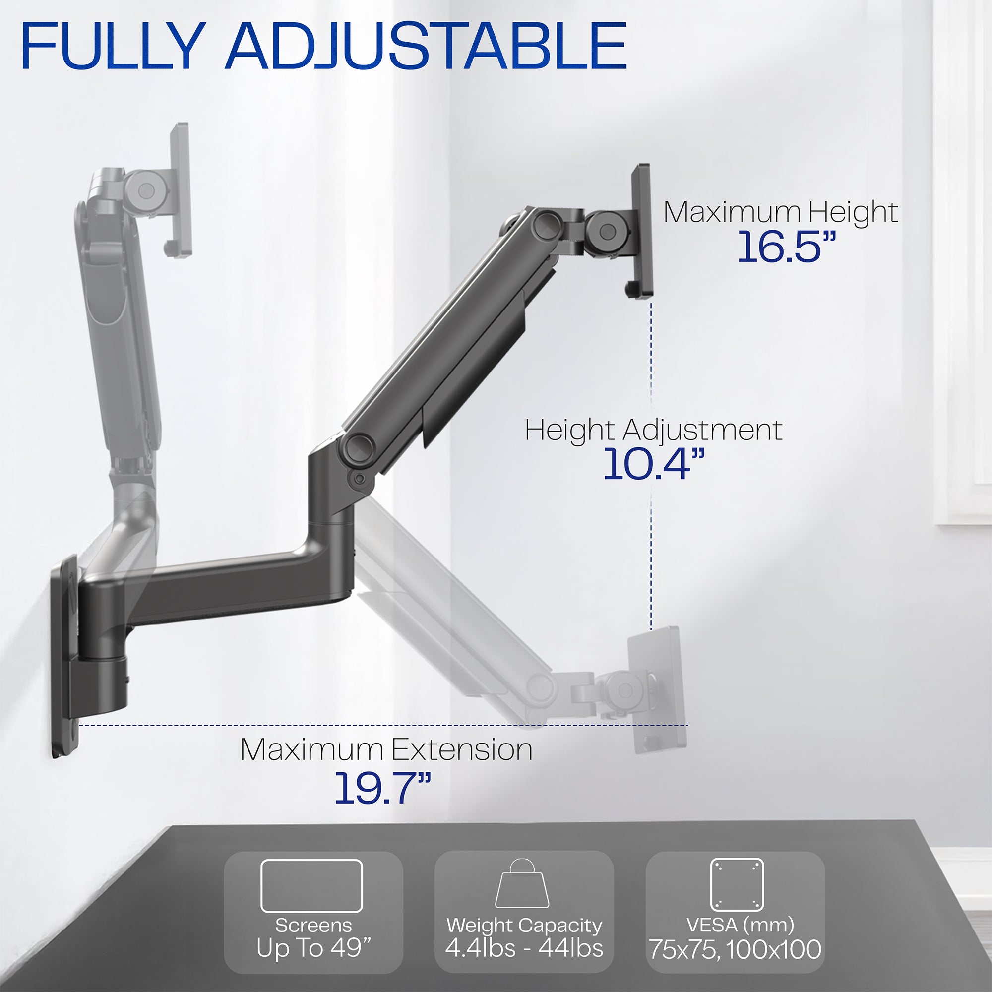 Mechanical Arm Single Ultrawide Monitor Wall Mount - Up to 49" Screens