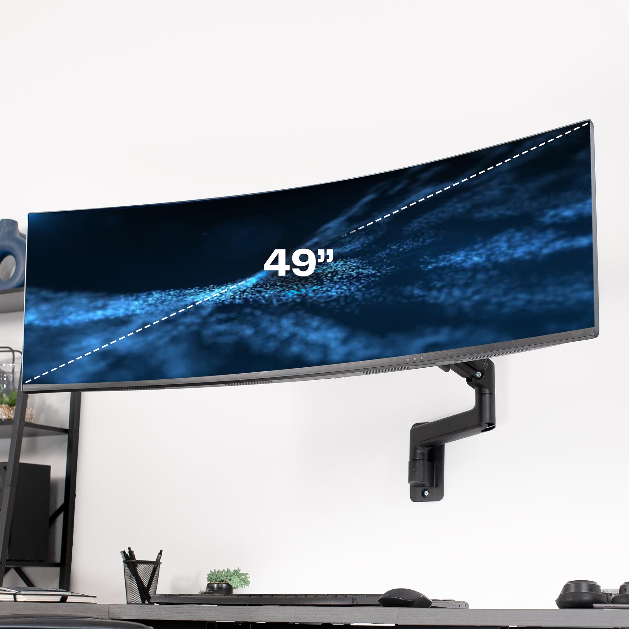 A single ultrawide computer monitor attached to a pneumatic arm wall mount, with the arm extended in an office setting. 