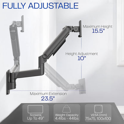 A single ultrawide computer monitor attached to a pneumatic arm wall mount, with the arm extended to the side showing adjustment feature. 