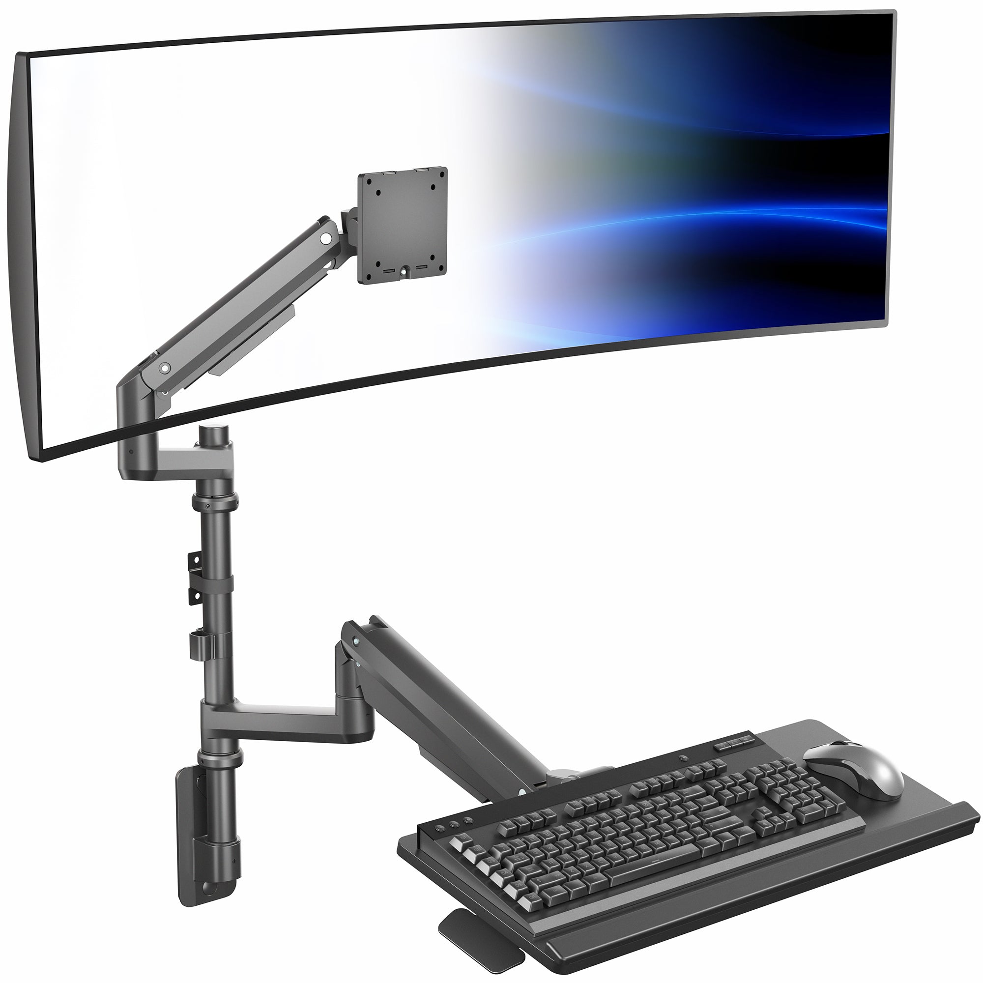 Pneumatic Arm Single Ultrawide Monitor Wall Mount + Keyboard Tray - Up to 49" Screens