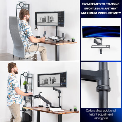 Collage of a person using a height-adjustable monitor and keyboard tray wall mount with text highlighting productivity benefits.