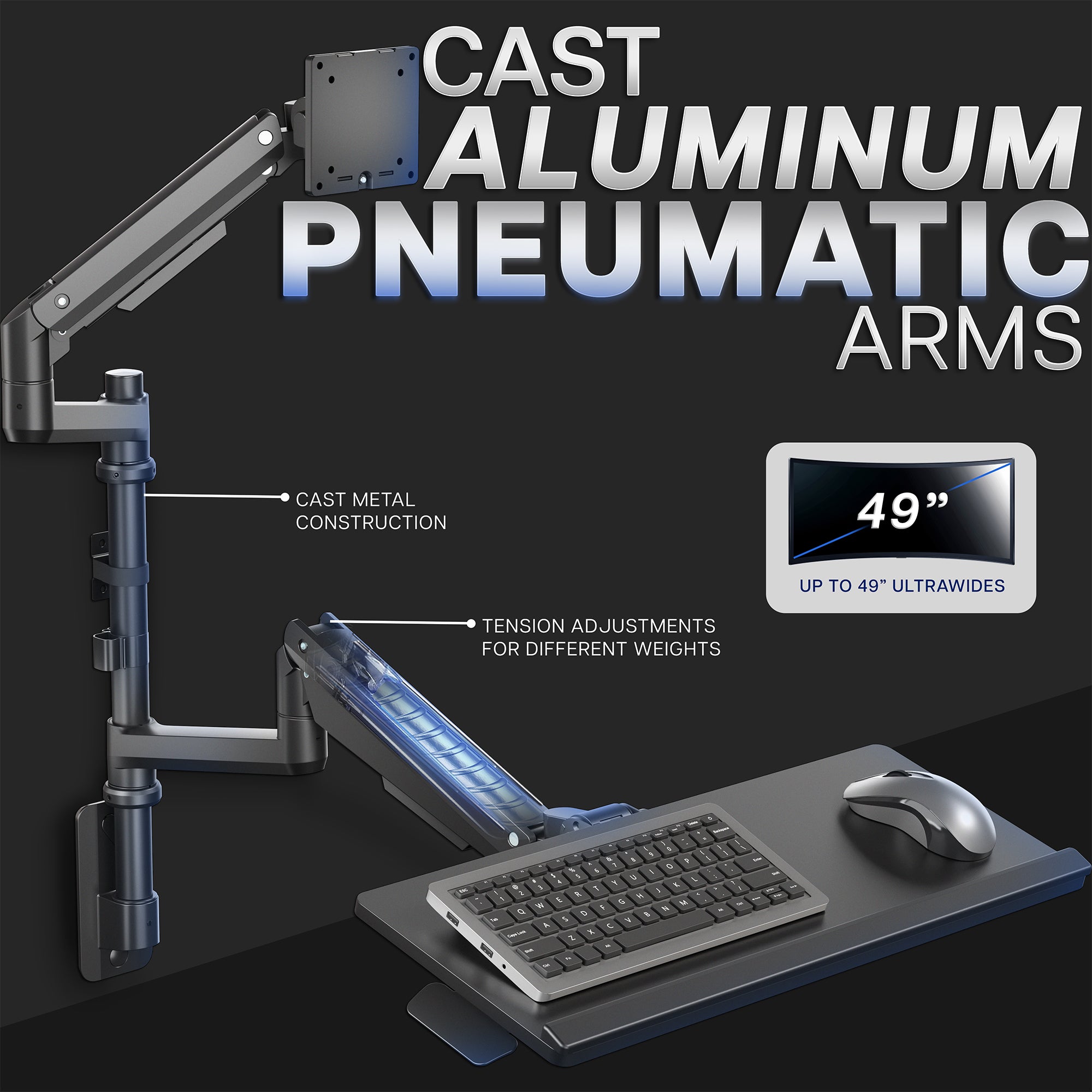 Computer monitor and keyboard tray  wall mount with pneumatic arms on a black background, featuring text about cast aluminum construction and screen size support.