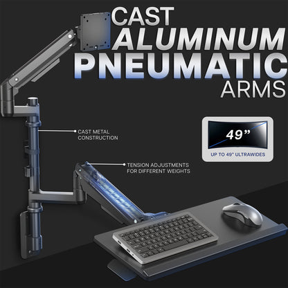 Computer monitor and keyboard tray  wall mount with pneumatic arms on a black background, featuring text about cast aluminum construction and screen size support.