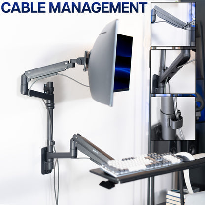 Pneumatic Arm Single Ultrawide Monitor Wall Mount + Keyboard Tray with cable management to maintain a clean, organized workspace.