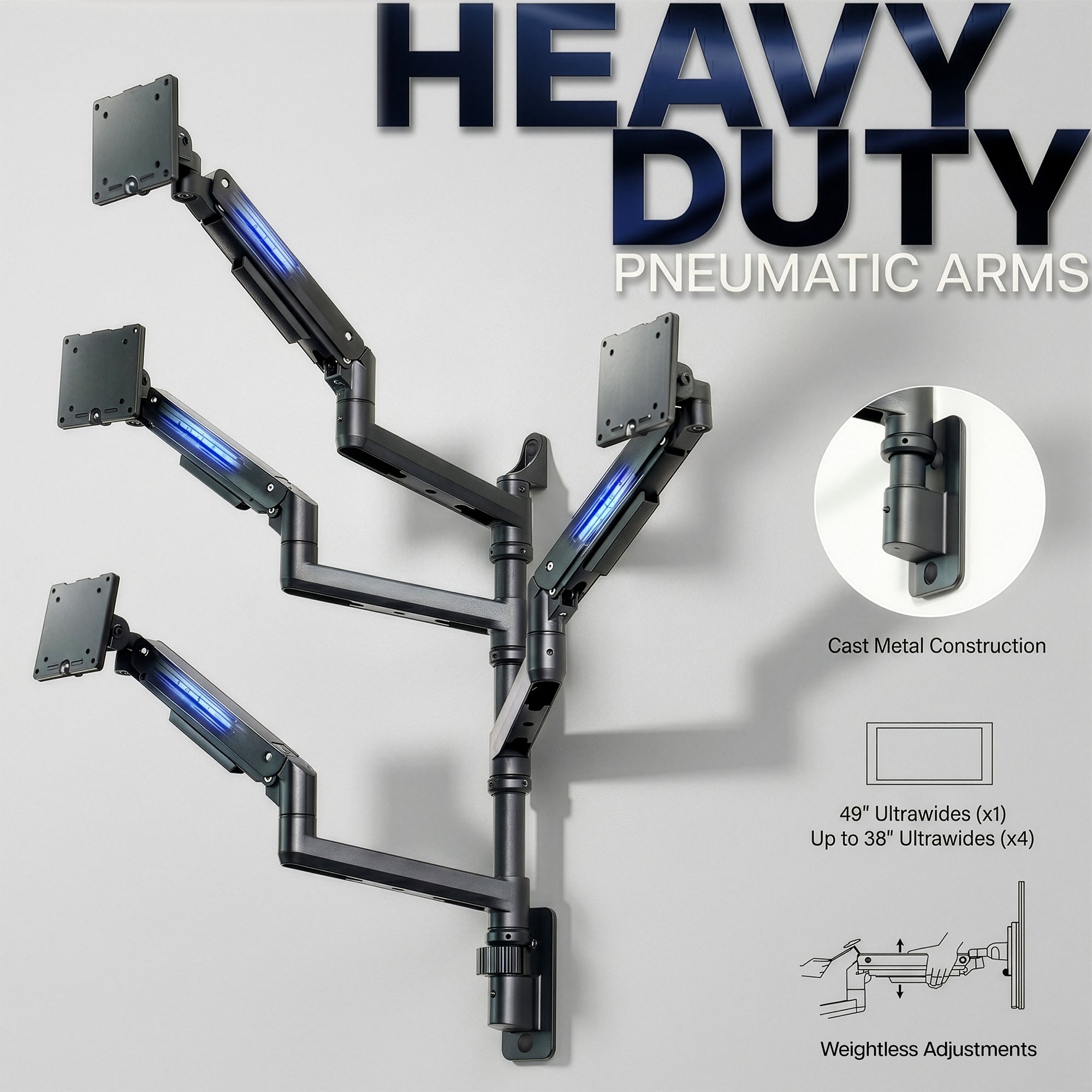 Quad Ultrawide Heavy Duty Pneumatic Arm Wall Monitor Mount