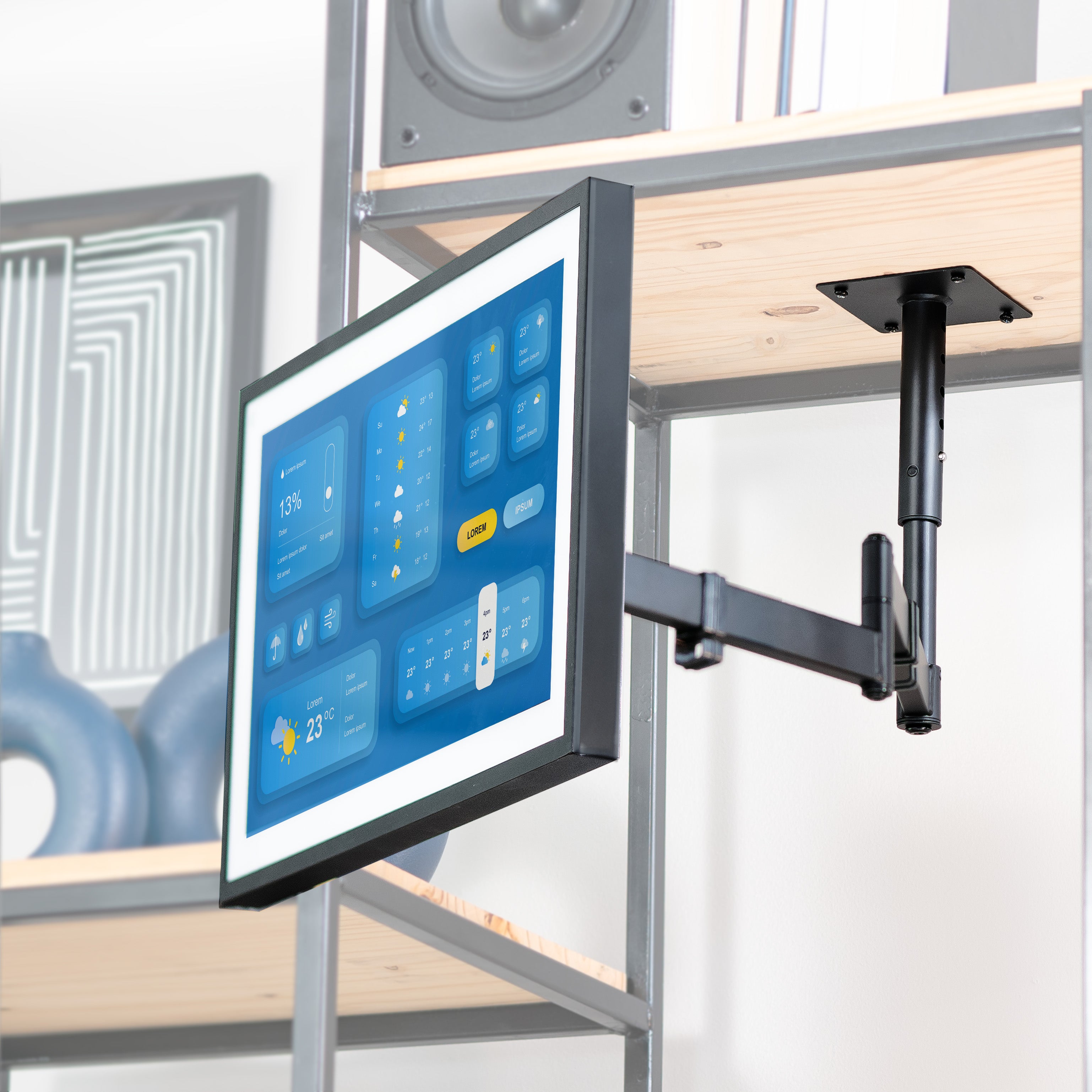 Under cabinet mounted single monitor or TV mount, height adjustable and articulating with built-in cable management. Simple installation with all necessary hardware included.