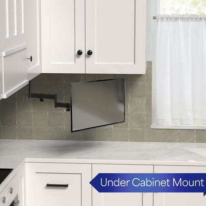 Under cabinet mounted single monitor or TV mount, height adjustable and articulating with built-in cable management. Simple installation with all necessary hardware included.