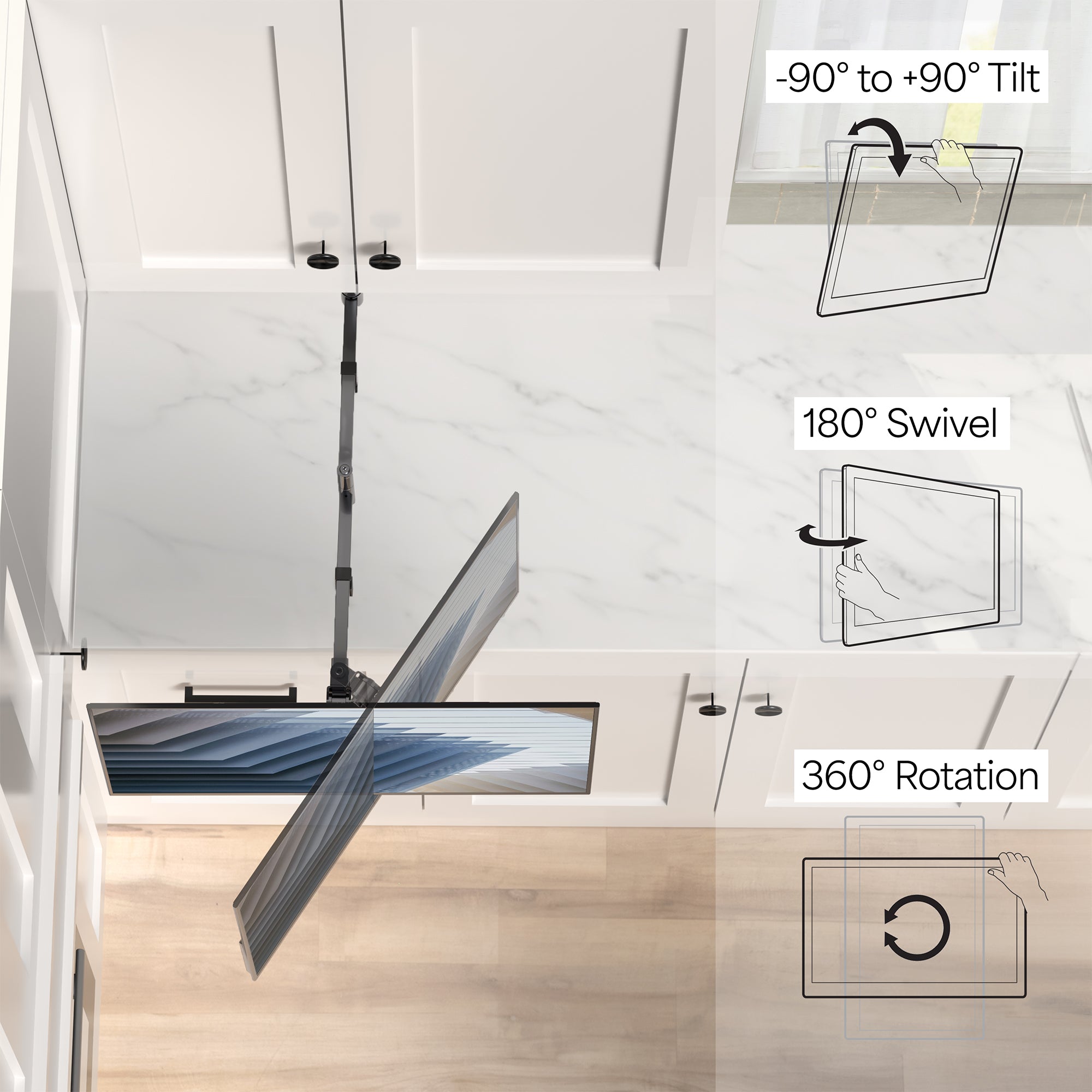 Under cabinet mounted single monitor or TV mount, height adjustable and articulating with built-in cable management. Simple installation with all necessary hardware included.