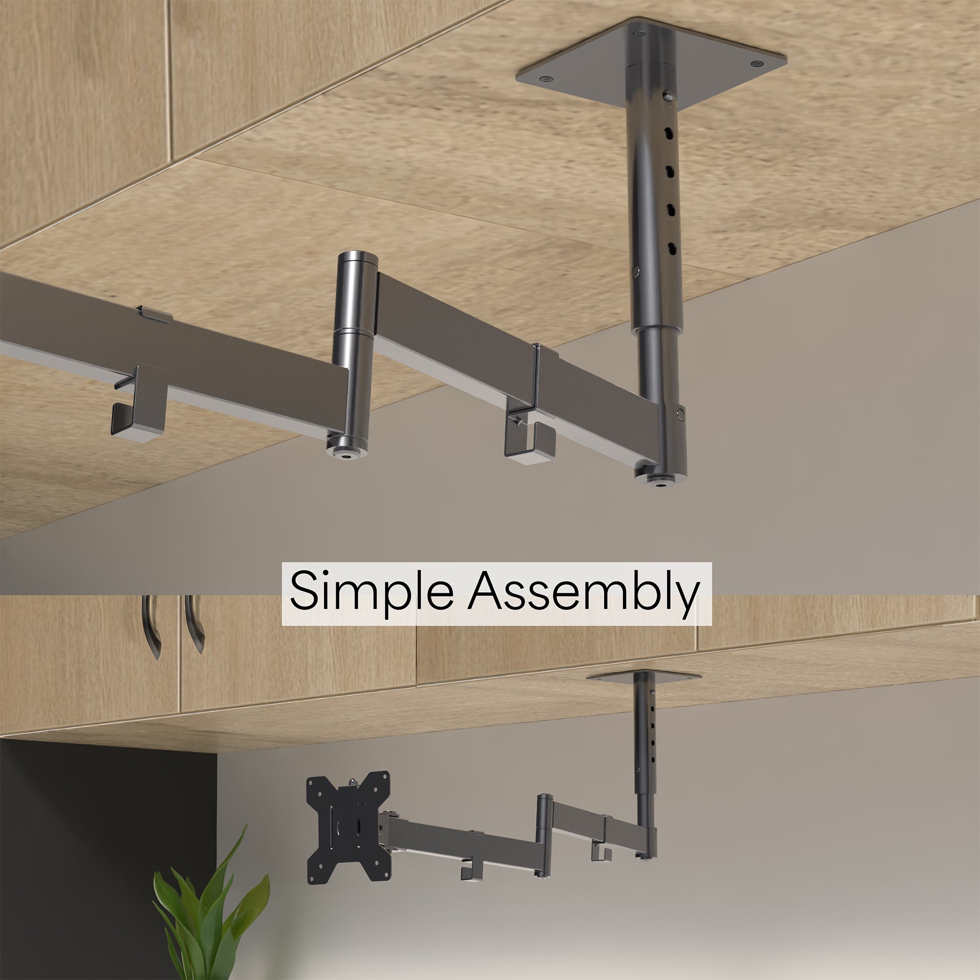 Under cabinet mounted single monitor or TV mount, height adjustable and articulating with built-in cable management. Simple installation with all necessary hardware included.